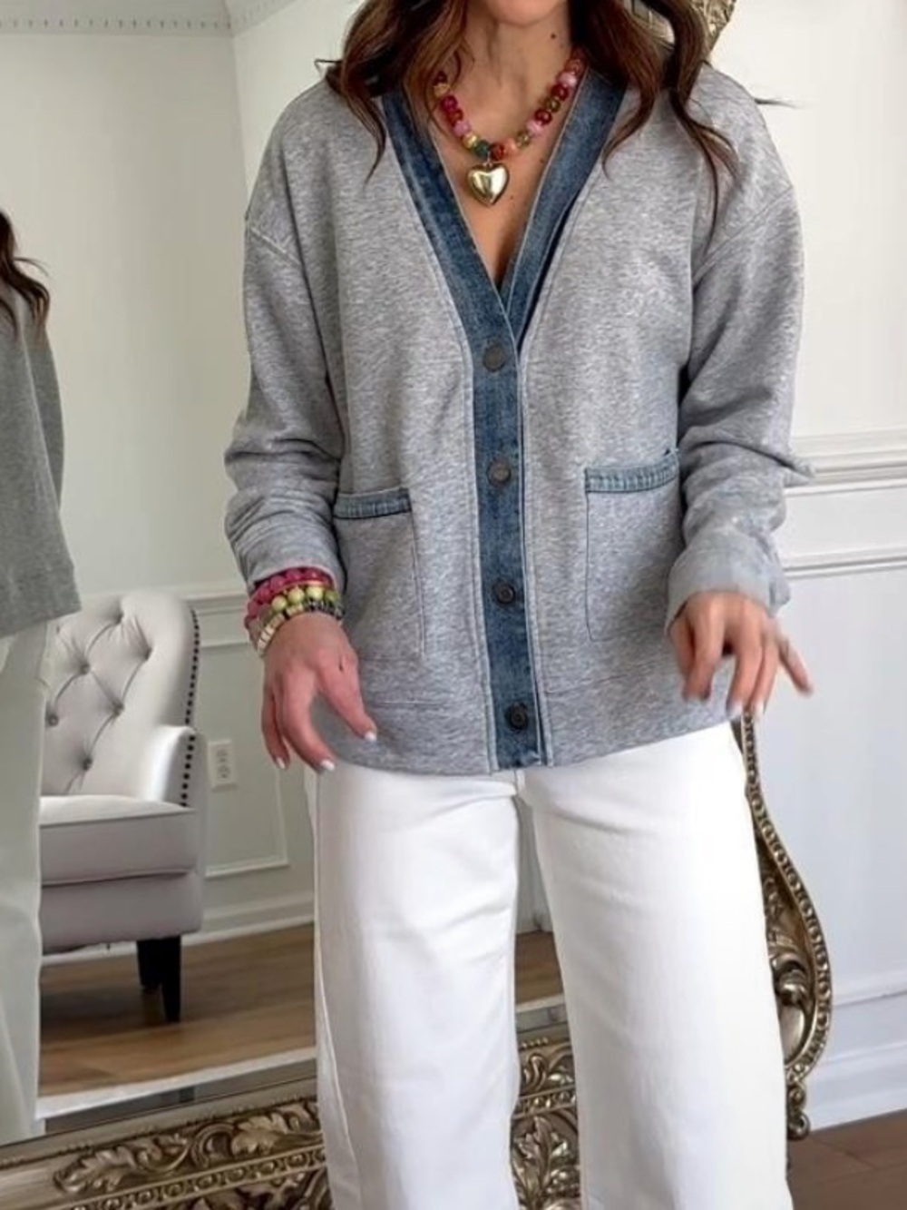 Heather Grey Cardigan with Denim-Trim Button Front🌻